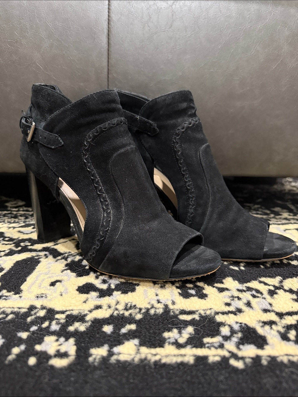 Vince Camuto Black Suede Peep-Toe Ankle Booties- Conley